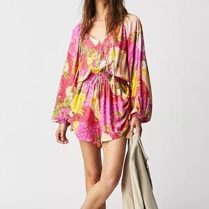 Spell Joshua Tree Romper Pink Tropical Floral Long Sleeve Drawstring Tassle S